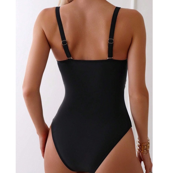 Boho Navy Blue Scallop Detail Color Block Monokini One Piece Swimsuit - Picture 4 of 12